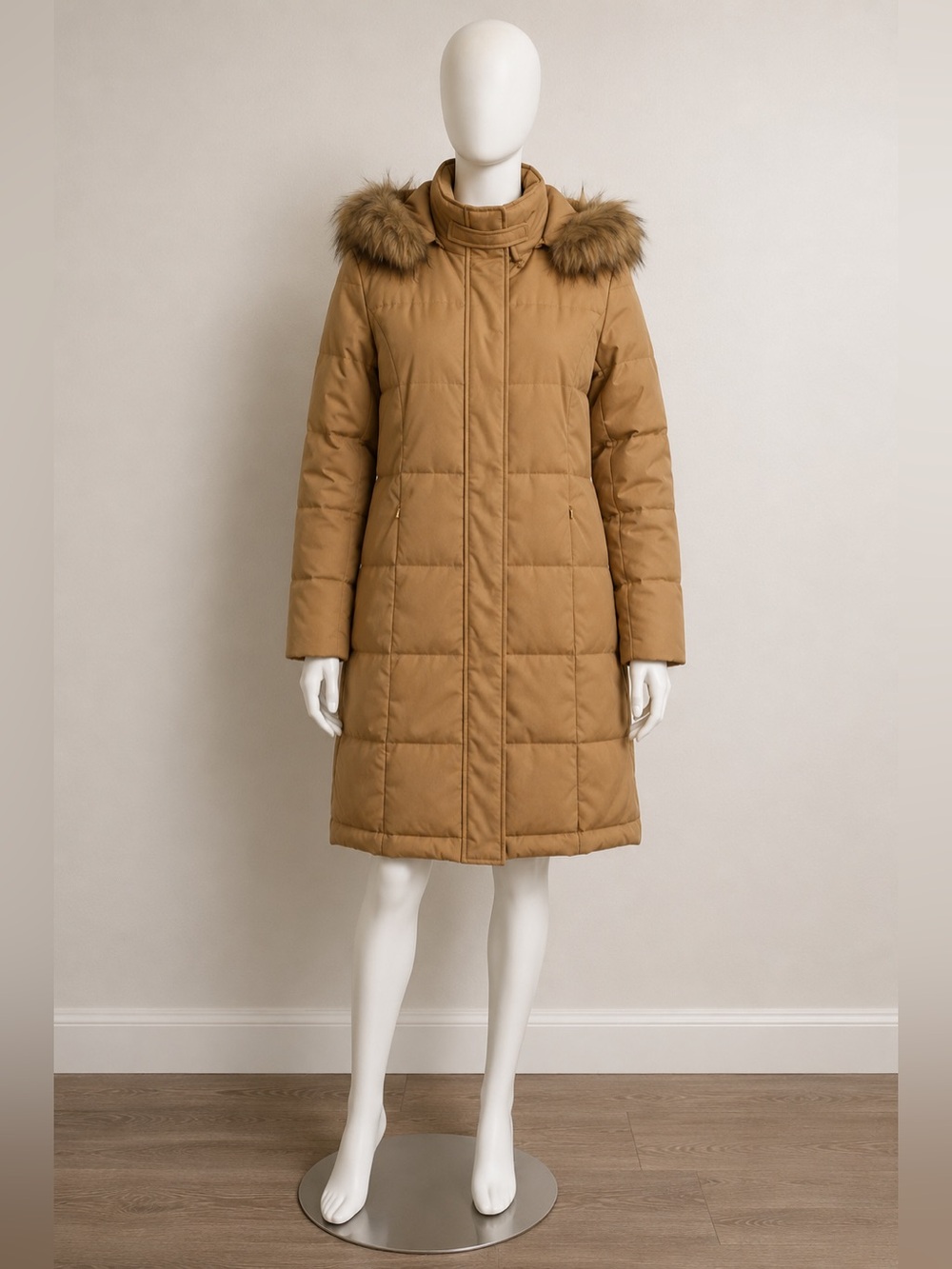 Claiborne Tan Real Down Long Puffer Coat Genuine Fur Hood Parka
